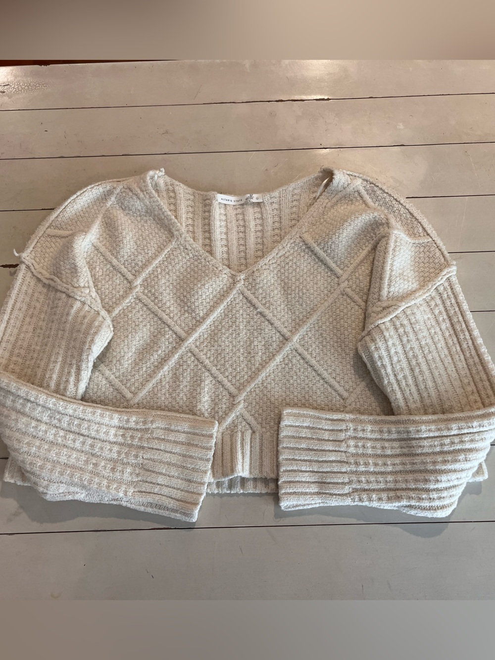 Altar'd State Cream Diamond Cable-Knit Crewneck Sweater
